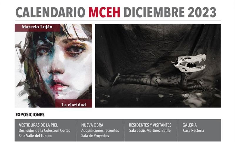 CALENDARIO MCEH DICIEMBRE 2023 rostro de mujer en acuarela y hombre desnudo con cabeza de caiman