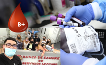 grupo de estudiantes y utensilios para donación de sangre